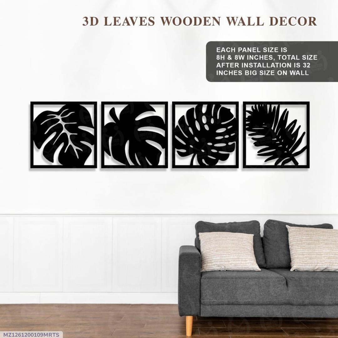 3D Tropical Leaf Wall Art Set Black 8x8" MDF