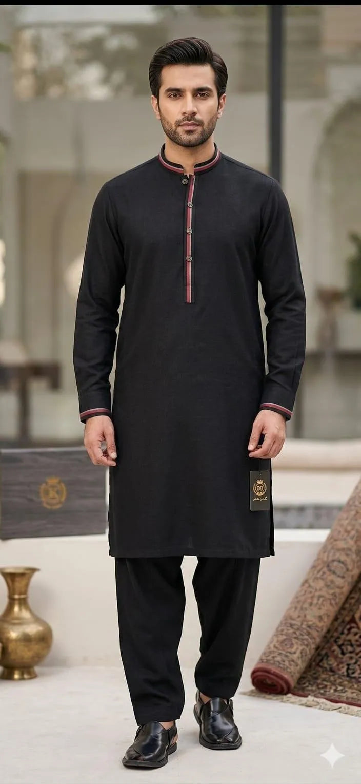 Black Khaddar Men's Suit with 8 Buttons