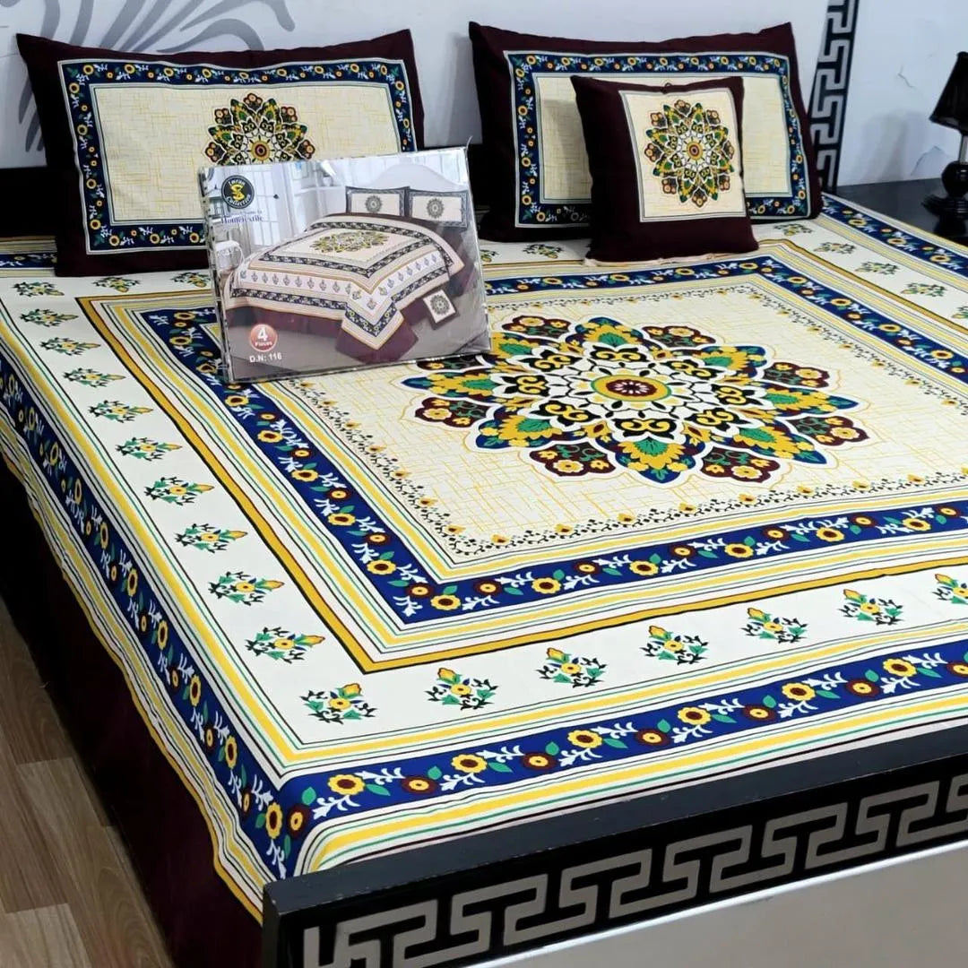 Crystal Cotton Double Bedsheet Set Beige Floral Geometric 4 Pcs