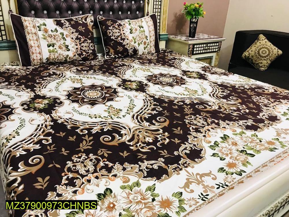 Cotton Printed Double Bedsheet Set Brown Cream Floral