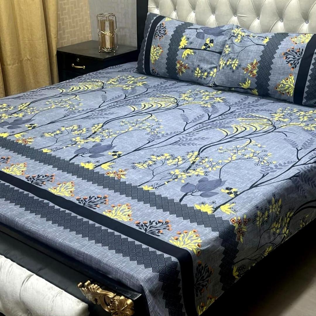 Double Bed Printed Crystal Cotton Bedsheet Set Blue