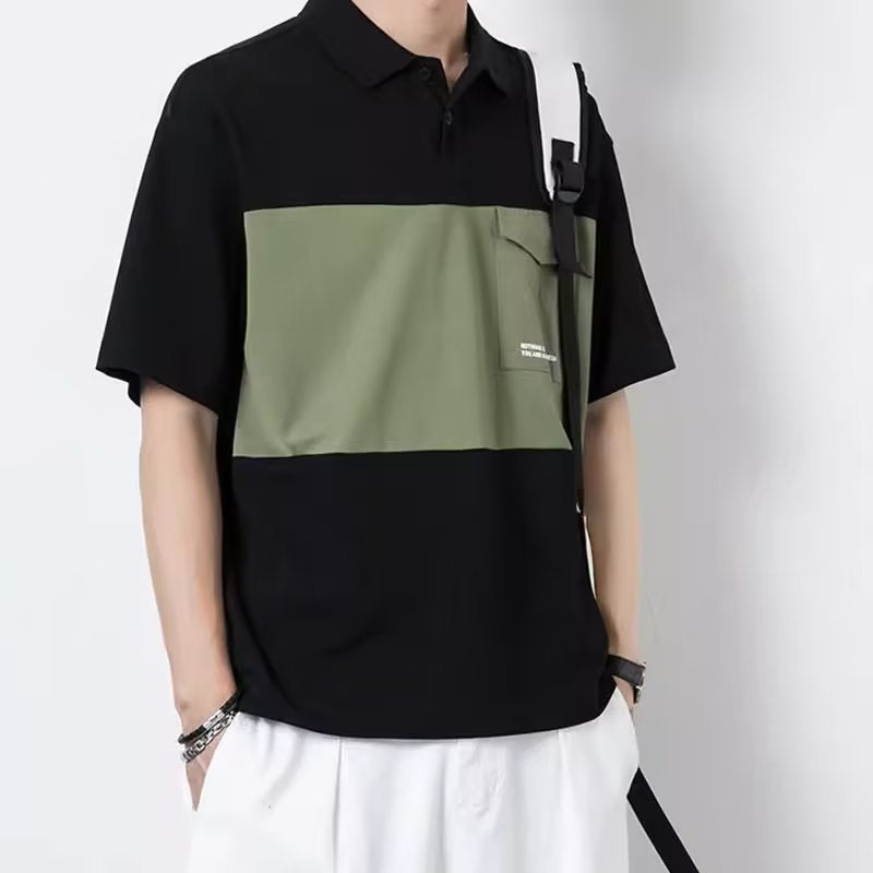 Men's Color Block Polo Shirt Summer Stylish Black Olive