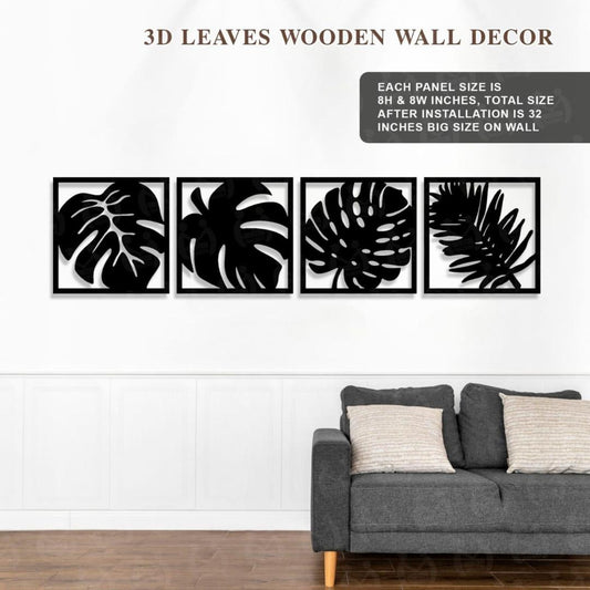3D Tropical Leaf Wall Art Set Black 8x8" MDF