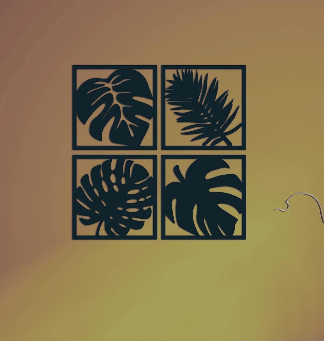 3D Tropical Leaf Wall Art Set Black 8x8" MDF