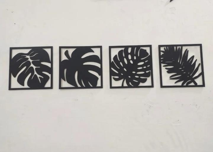3D Tropical Leaf Wall Art Set Black 8x8" MDF