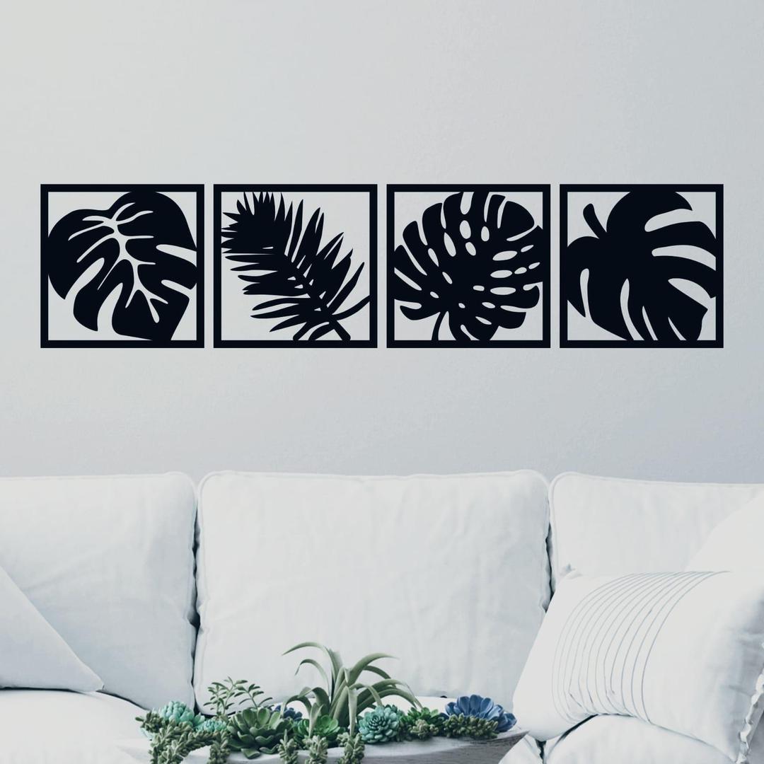 3D Tropical Leaf Wall Art Set Black 8x8" MDF