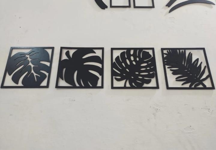 3D Tropical Leaf Wall Art Set Black 8x8" MDF