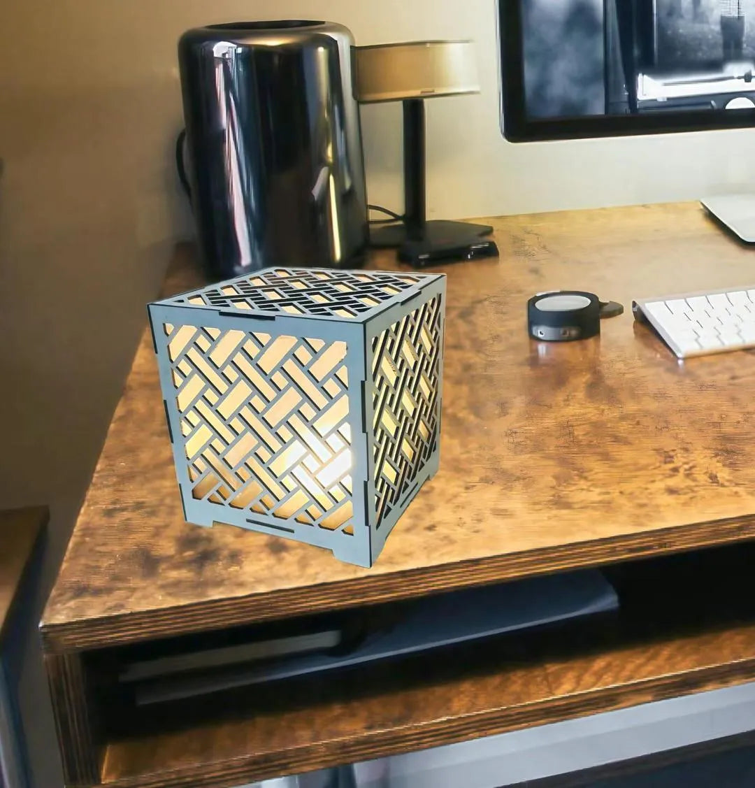 Modern White Geometric Tea Light Lamp with Golden Glow