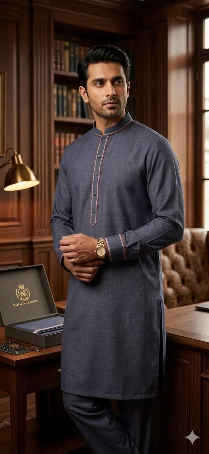 Grey Khaddar Men Suit Summer Cotton Fabric