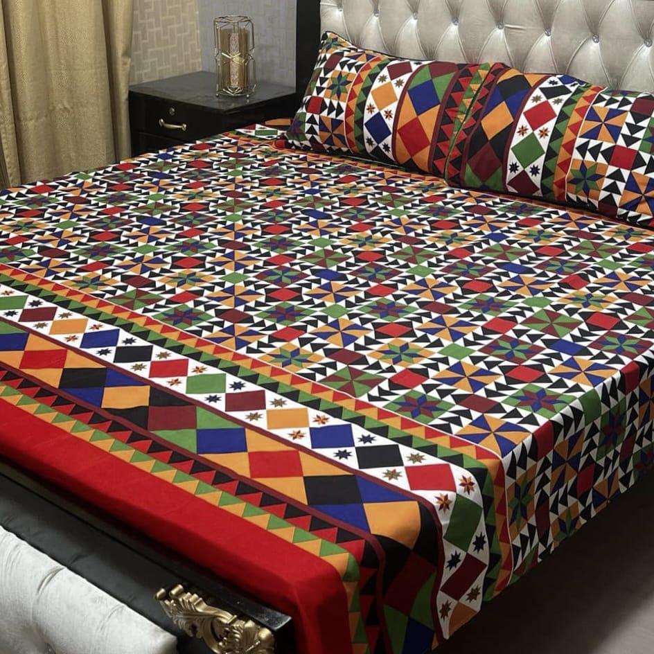 Multicolor Printed Double Bedsheet Set Crystal Cotton 3 Pcs