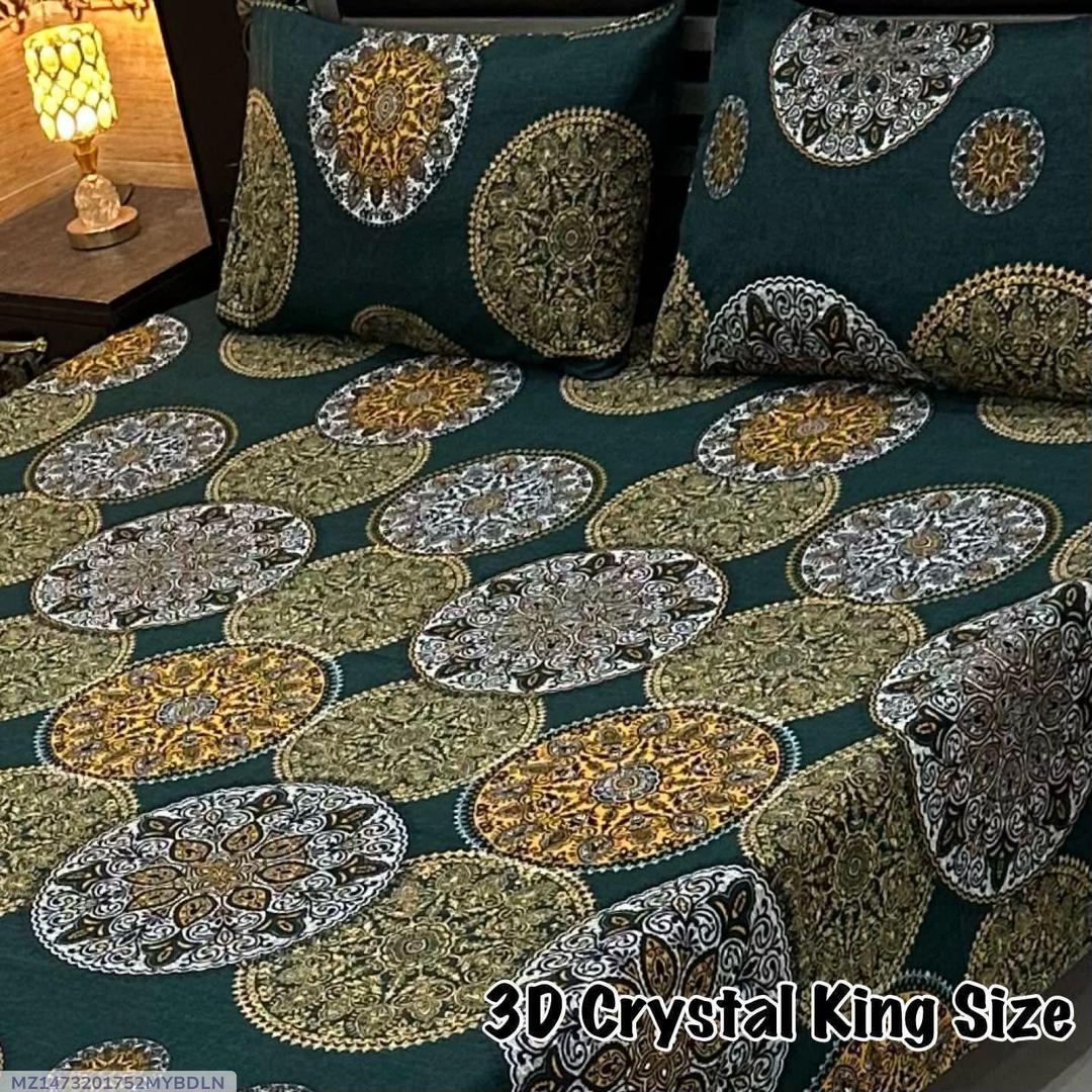 Crystal Cotton Printed Double Bedsheet Set Green 3-Piece