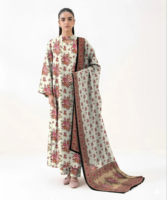 3-Piece Printed Khaddar Suit Off-White Floral