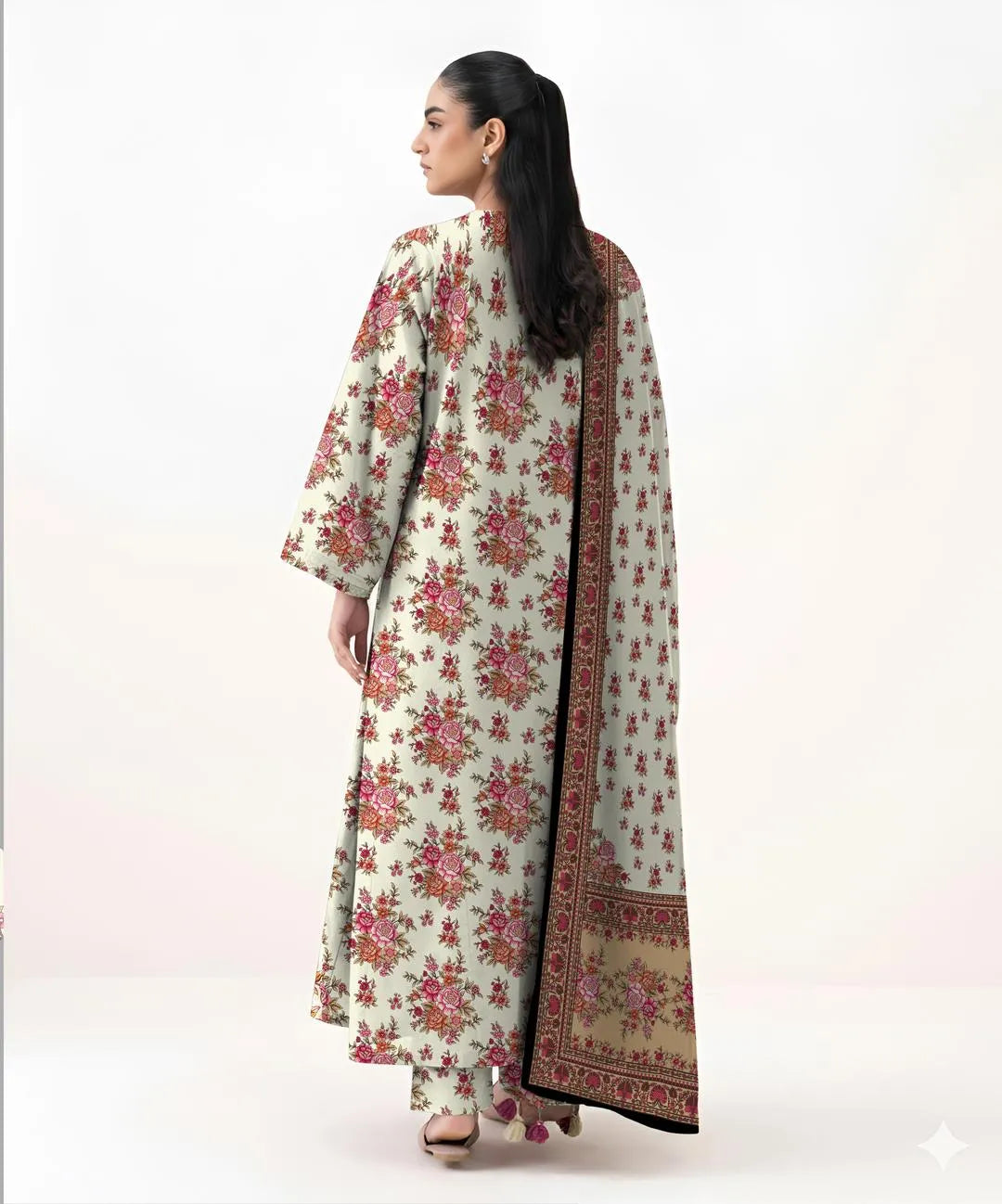 3-Piece Printed Khaddar Suit Off-White Floral