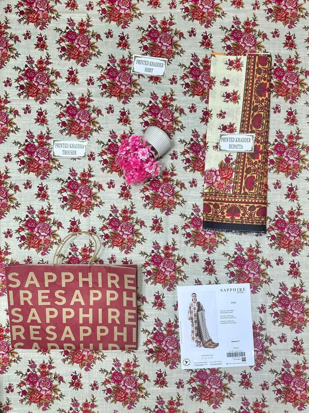 3-Piece Printed Khaddar Suit Off-White Floral