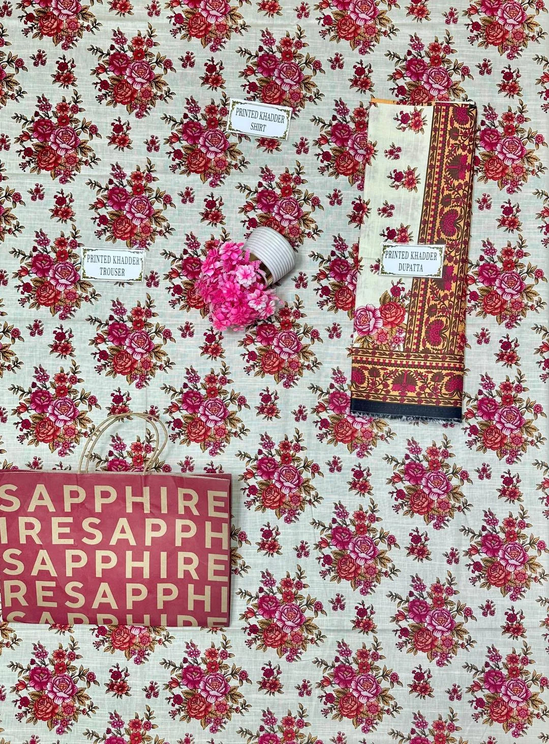 3-Piece Printed Khaddar Suit Off-White Floral