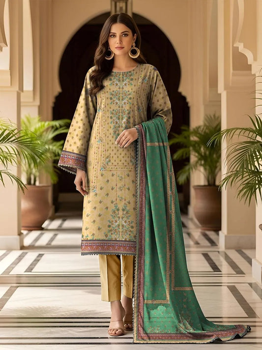 Yellow Printed Dobby Lawn 3Pcs Suit