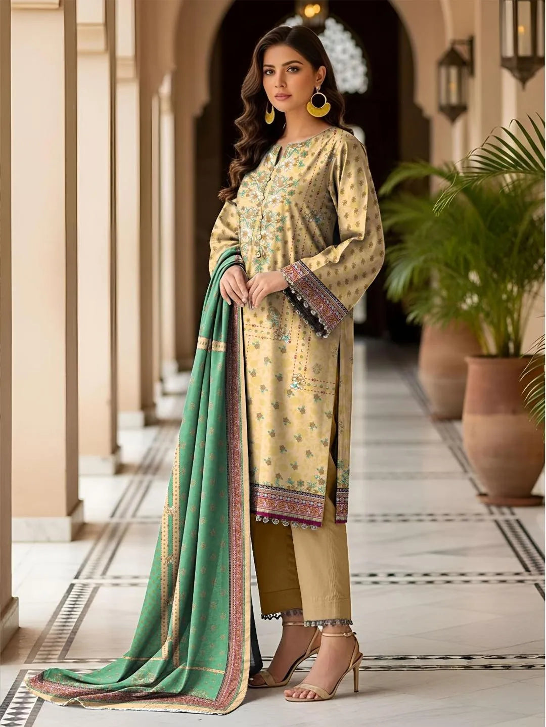 Yellow Printed Dobby Lawn 3Pcs Suit