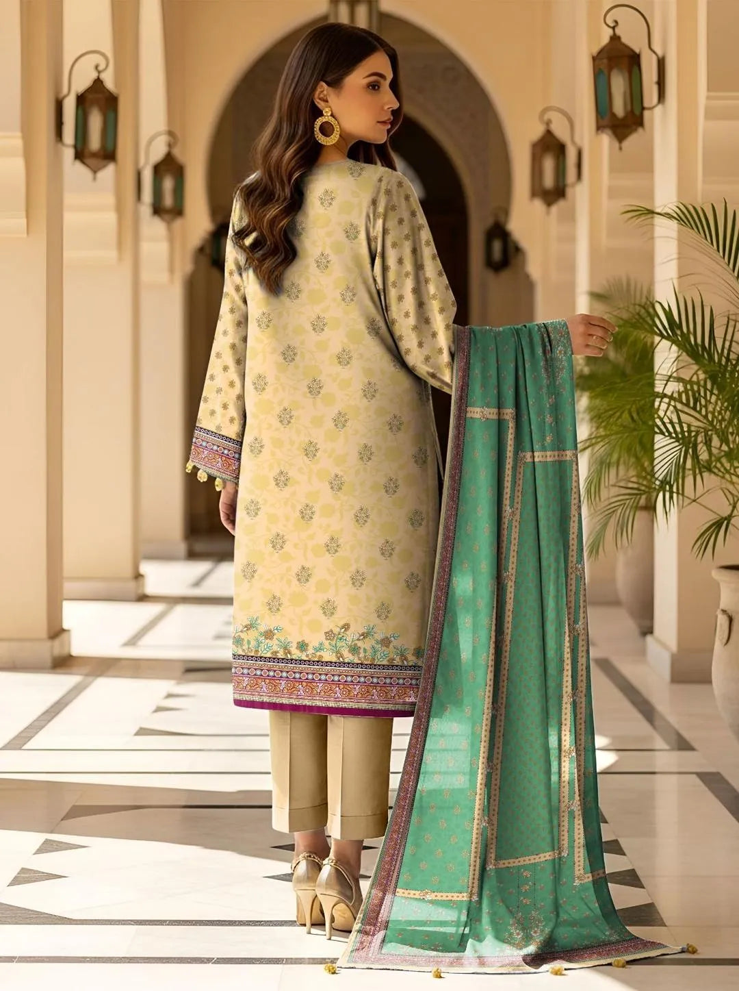 Yellow Printed Dobby Lawn 3Pcs Suit