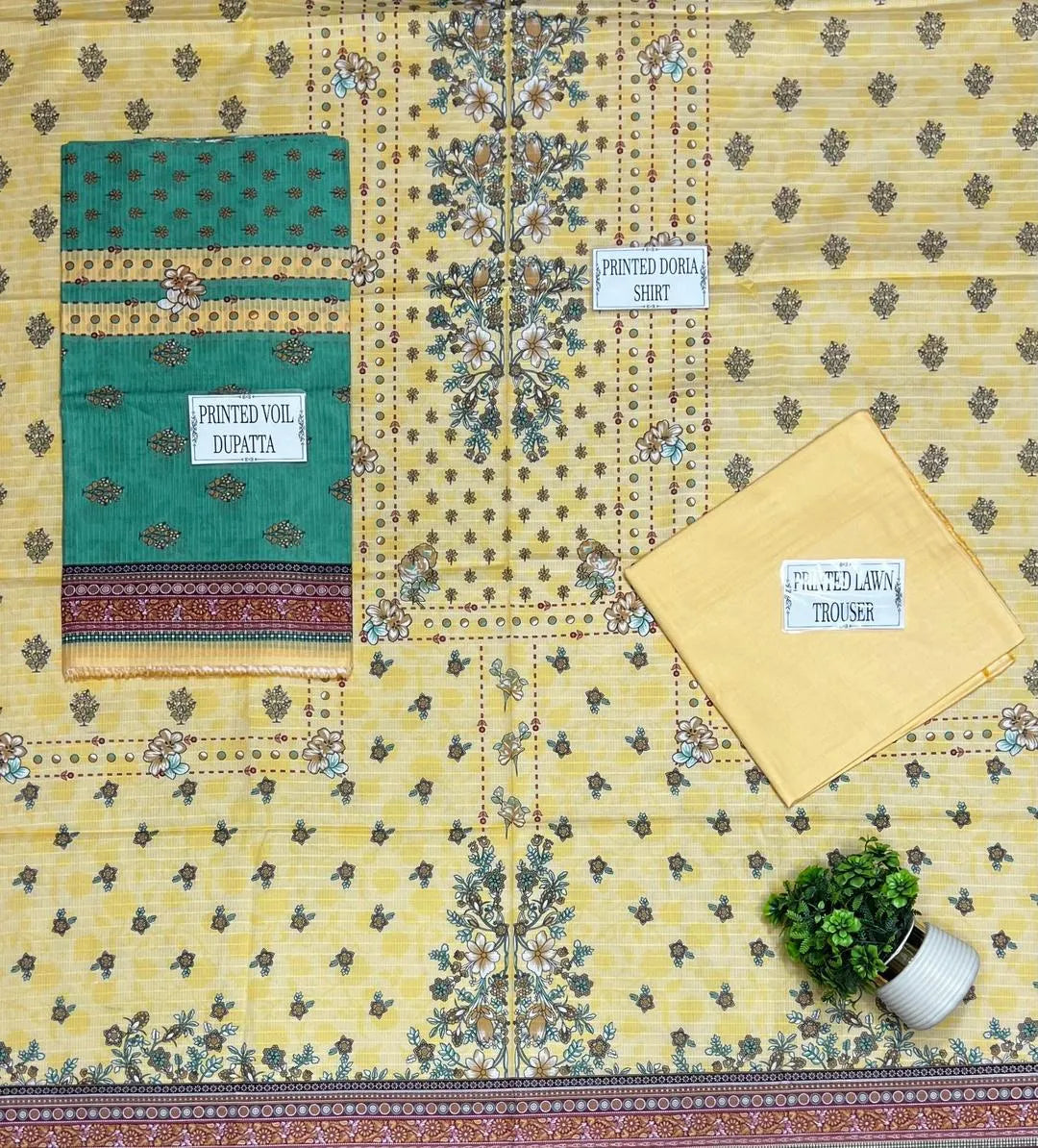 Yellow Printed Dobby Lawn 3Pcs Suit