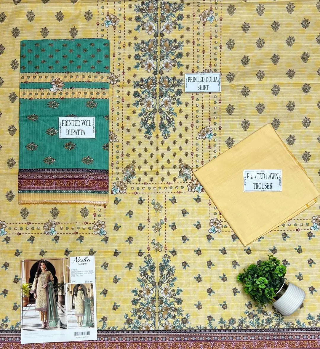 Yellow Printed Dobby Lawn 3Pcs Suit