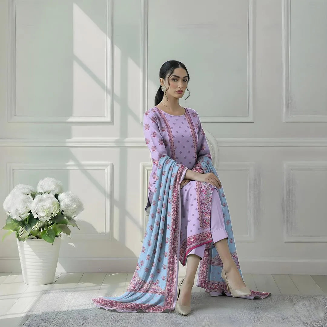 Pink Printed 3-Piece Dobby Lawn Suit Set