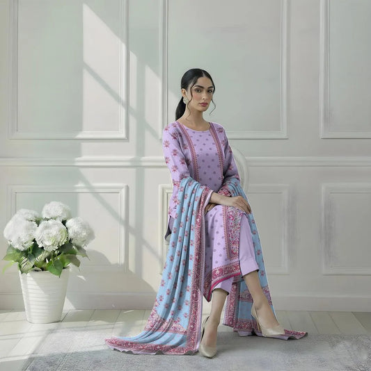 Pink Printed 3-Piece Dobby Lawn Suit Set