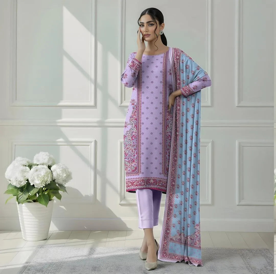 Pink Printed 3-Piece Dobby Lawn Suit Set