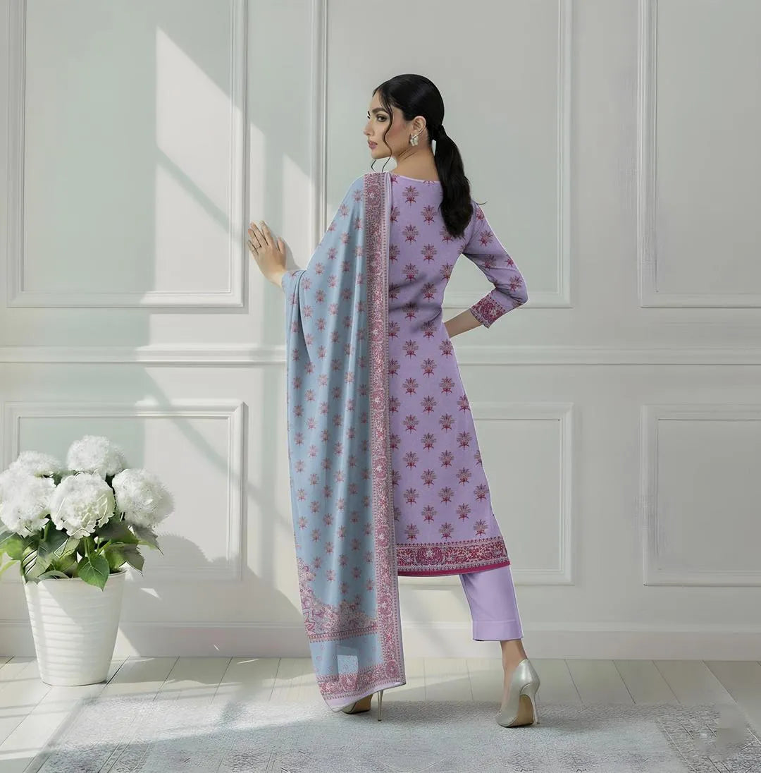 Pink Printed 3-Piece Dobby Lawn Suit Set