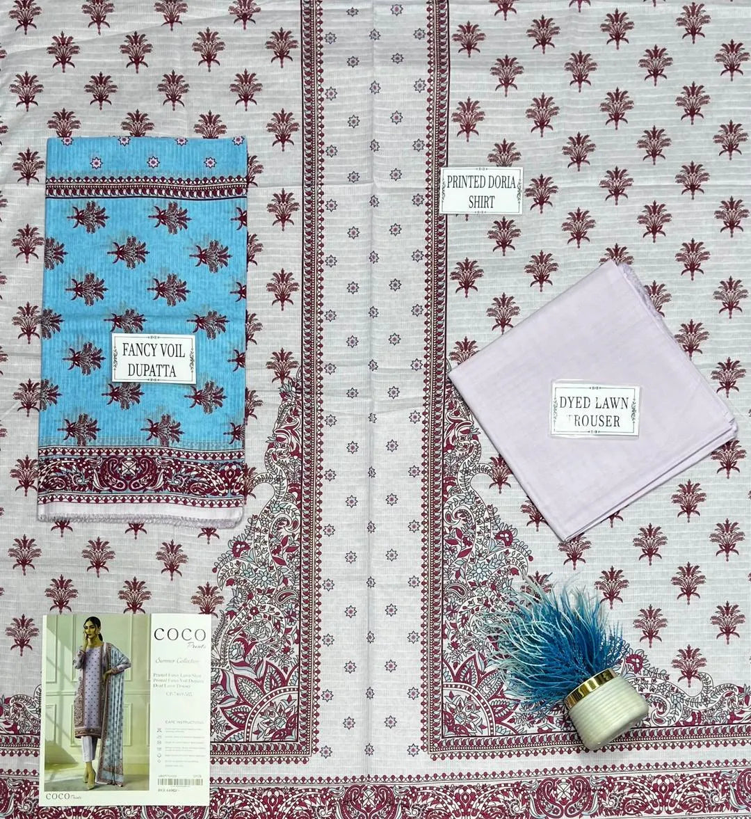 Pink Printed 3-Piece Dobby Lawn Suit Set