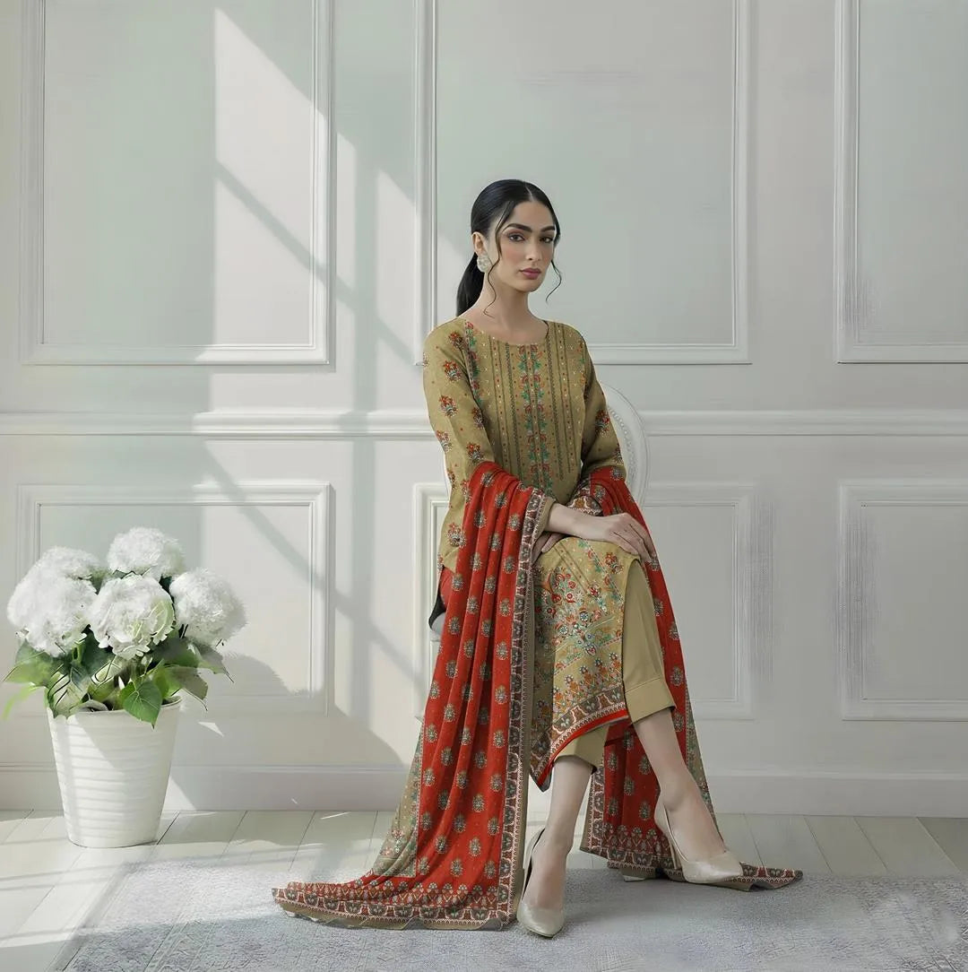 Pakistani Printed Embroidered Kurta Set with Scarf
