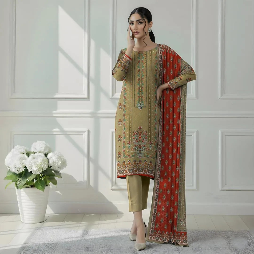 Pakistani Printed Embroidered Kurta Set with Scarf