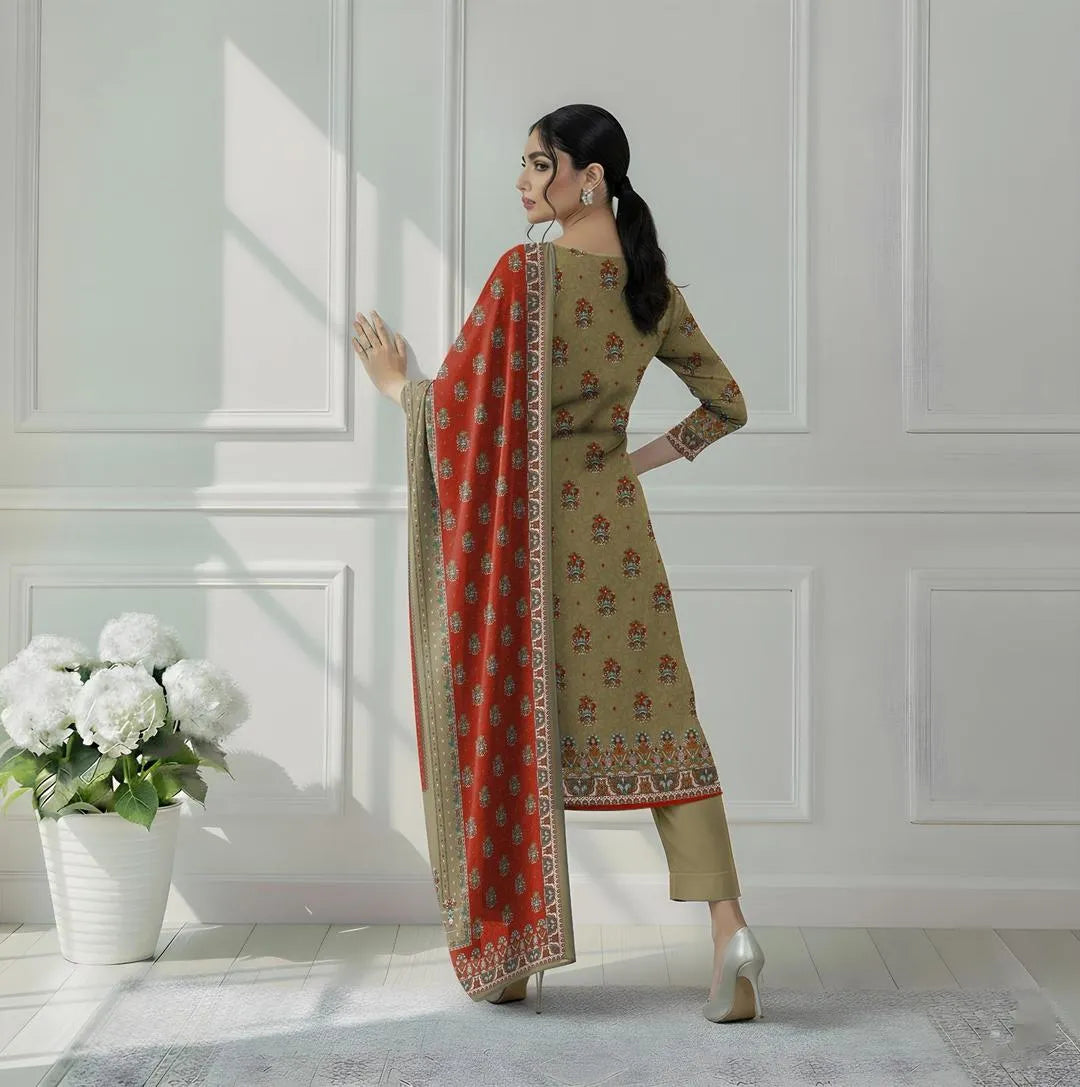 Pakistani Printed Embroidered Kurta Set with Scarf