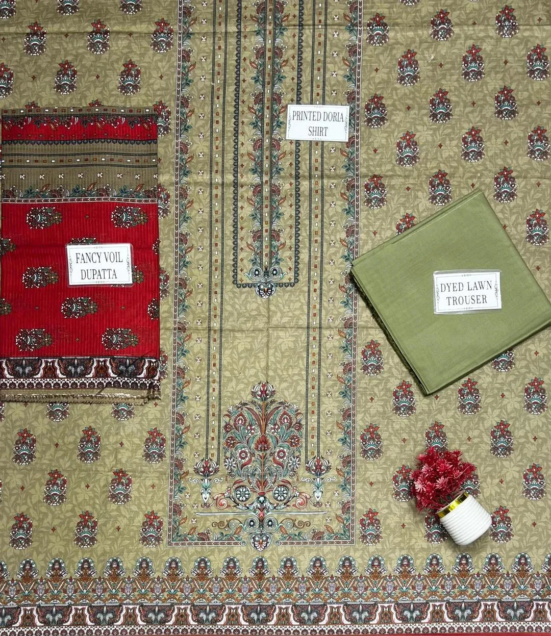 Pakistani Printed Embroidered Kurta Set with Scarf