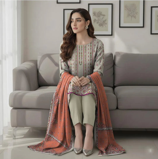 Off White Printed Dobby Lawn 3Pcs Set