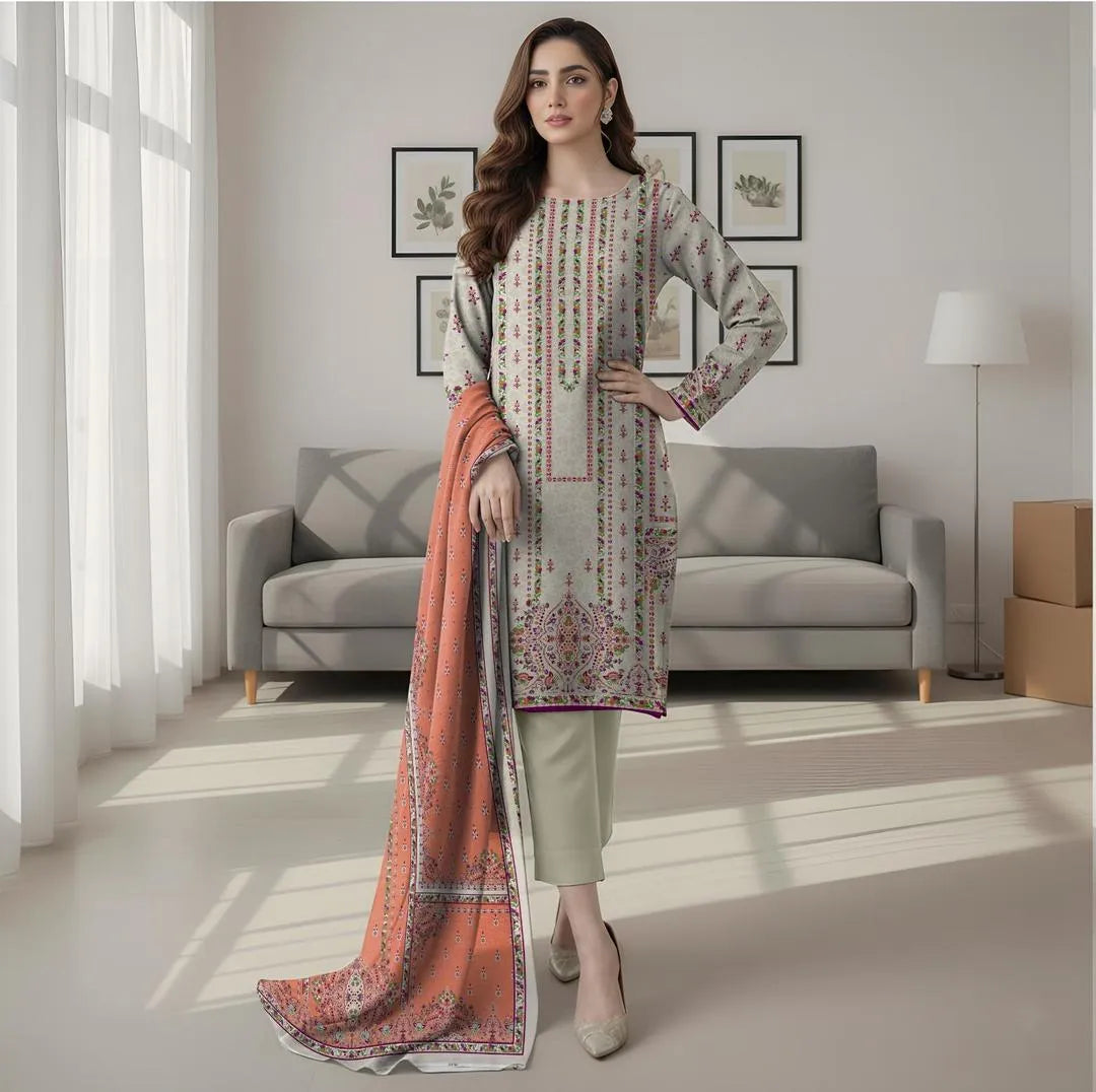 Off White Printed Dobby Lawn 3Pcs Set