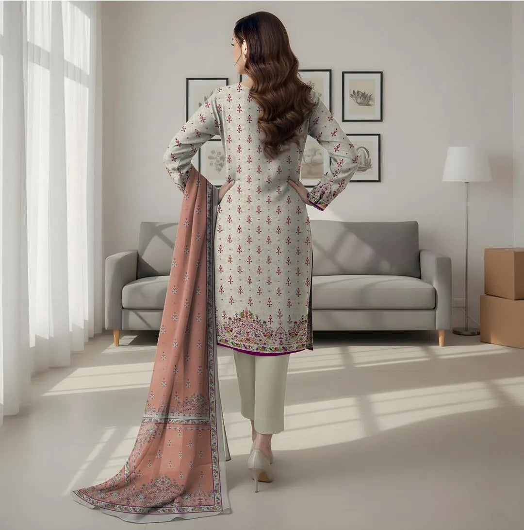 Off White Printed Dobby Lawn 3Pcs Set