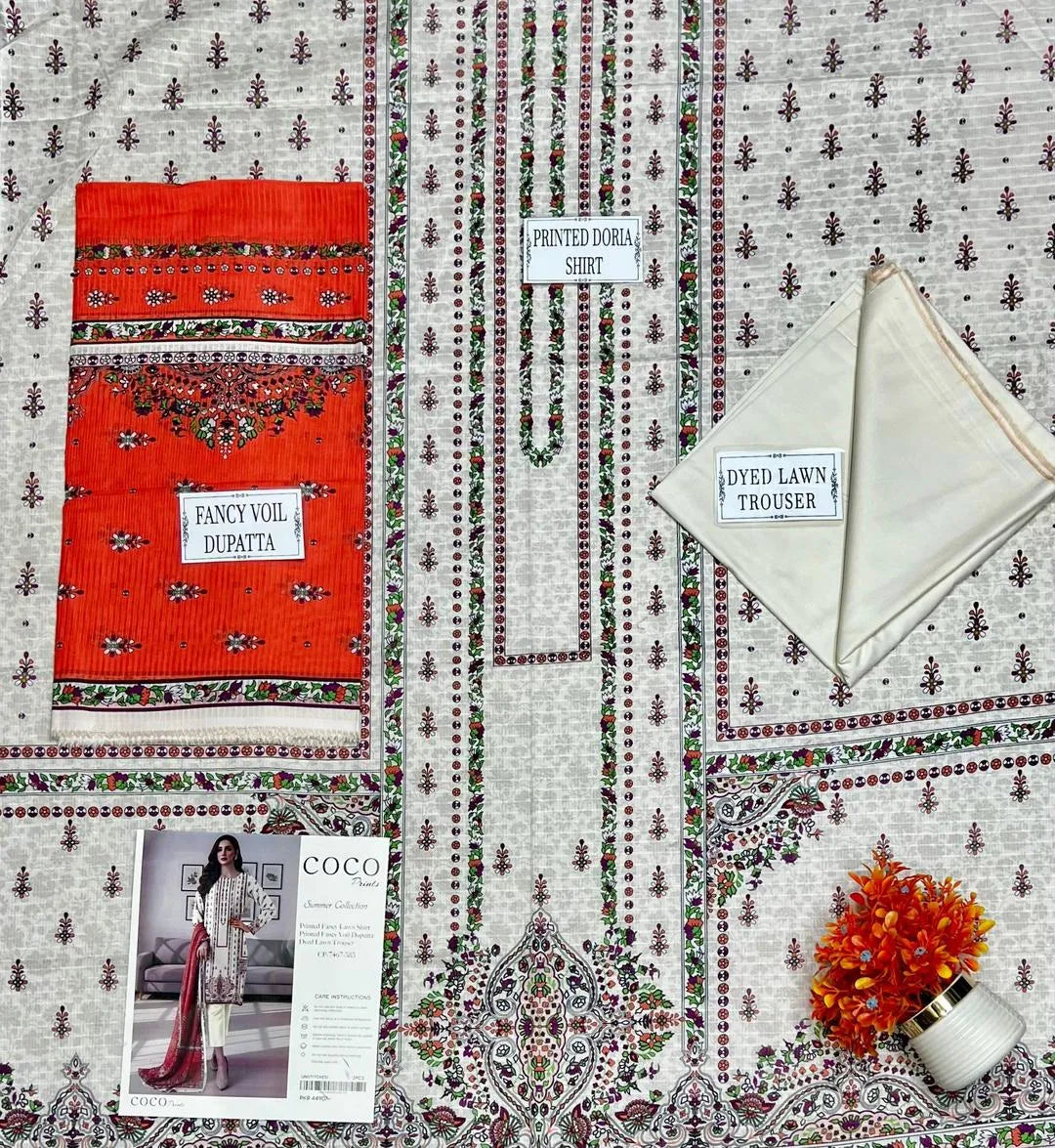 Off White Printed Dobby Lawn 3Pcs Set