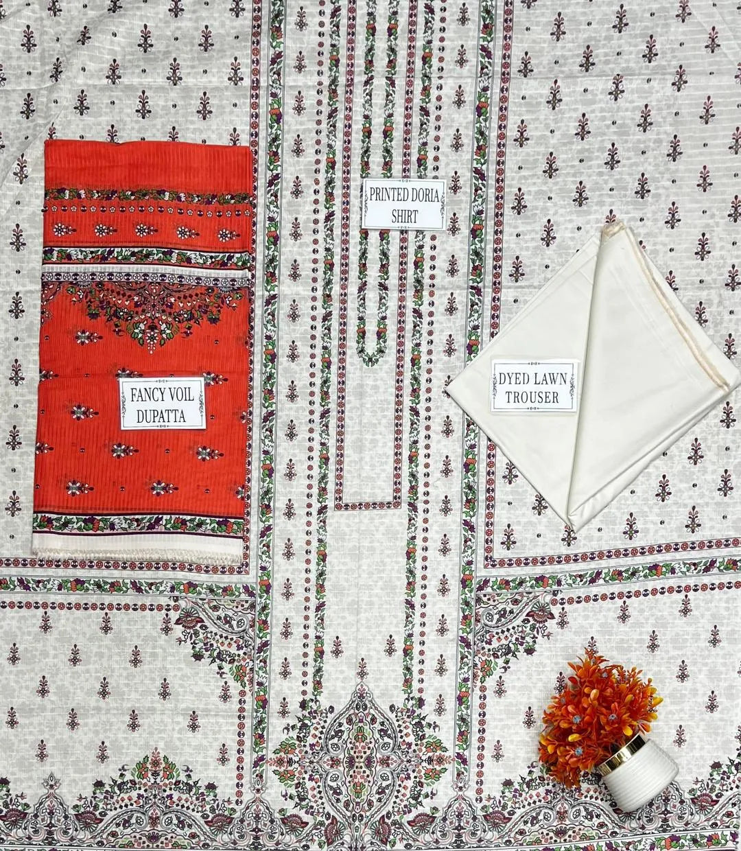 Off White Printed Dobby Lawn 3Pcs Set