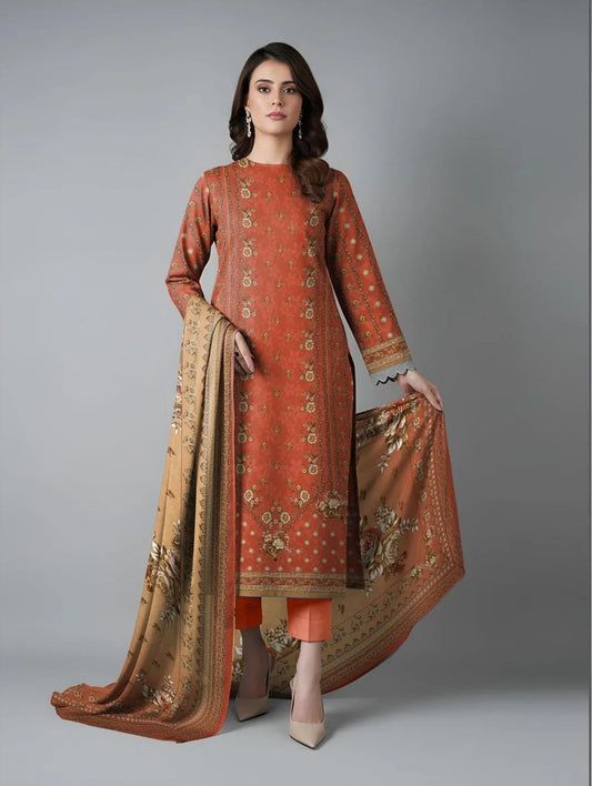 Orange Printed Dobby Lawn 3Pcs Suit Set
