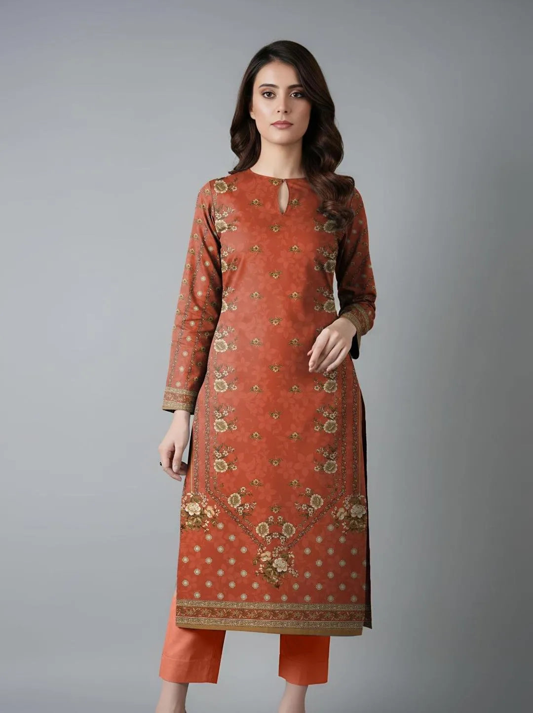 Orange Printed Dobby Lawn 3Pcs Suit Set
