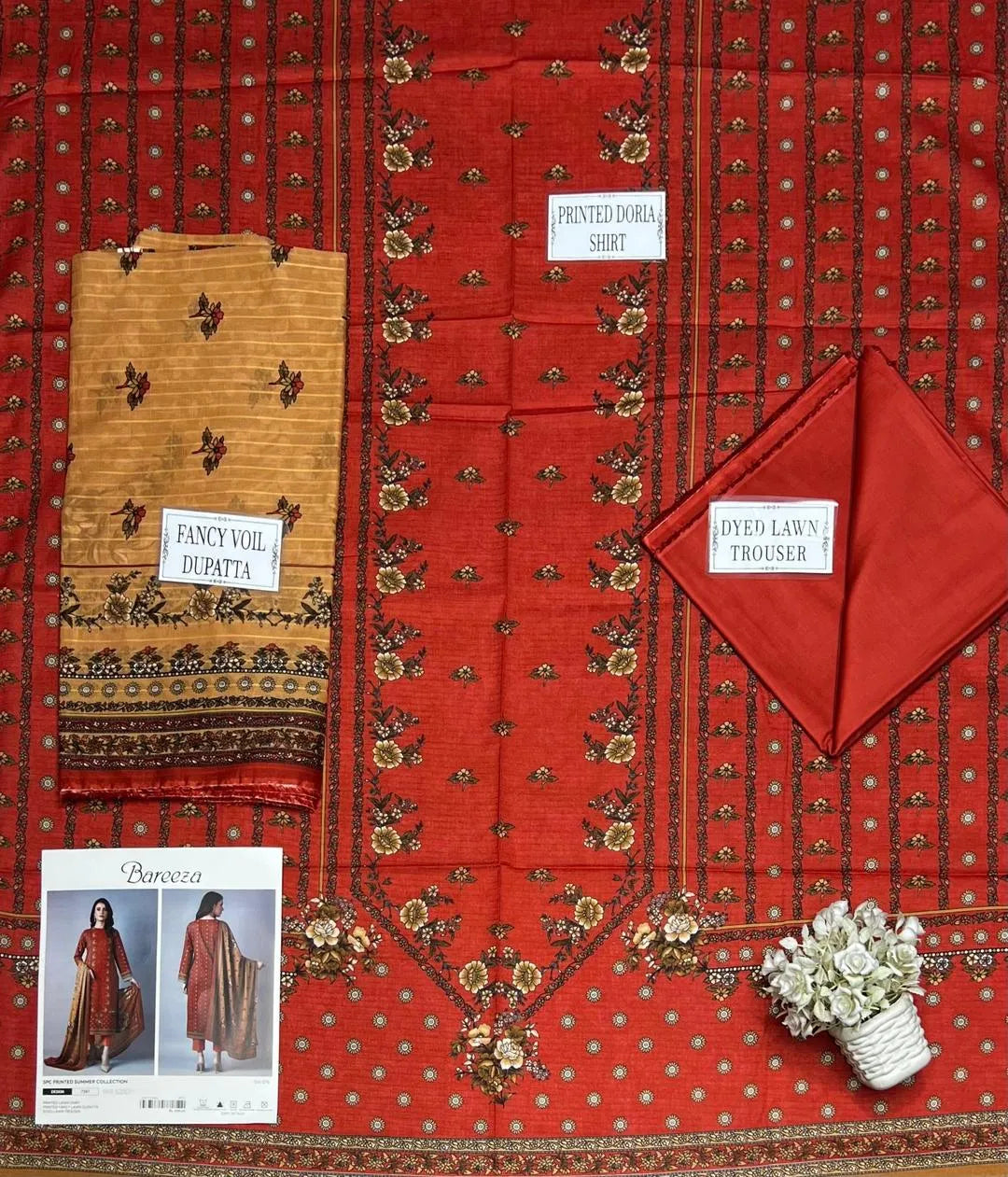 Orange Printed Dobby Lawn 3Pcs Suit Set