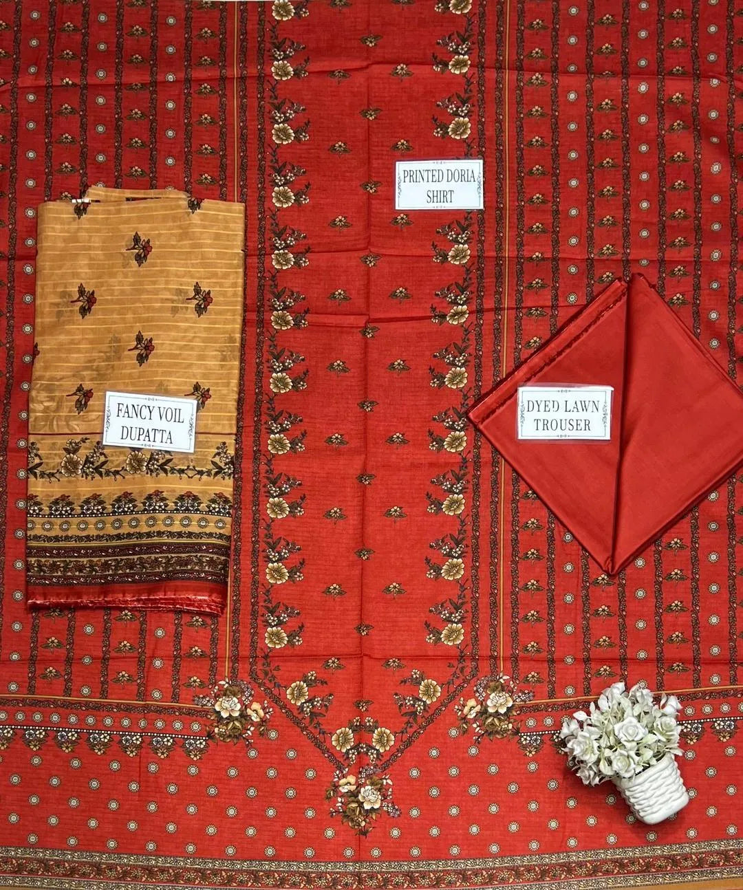 Orange Printed Dobby Lawn 3Pcs Suit Set