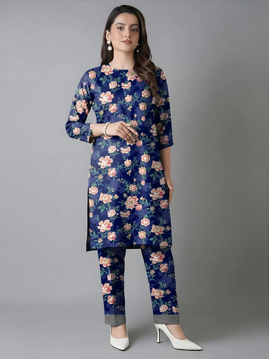 Unstitched Printed Blue Floral Suit for Women