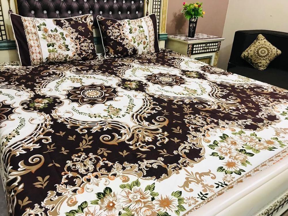 Cotton Printed Double Bedsheet Set Brown Cream Floral