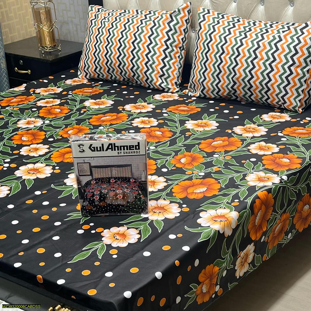 Cotton Printed Double Bedsheet Set Orange White Floral Zigzag