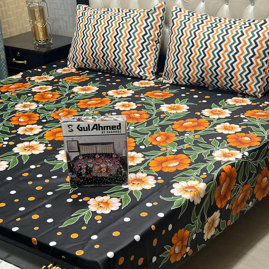Cotton Printed Double Bedsheet Set Orange White Floral Zigzag