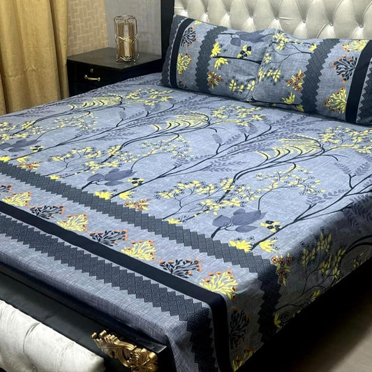 Double Bed Printed Crystal Cotton Bedsheet Set Blue