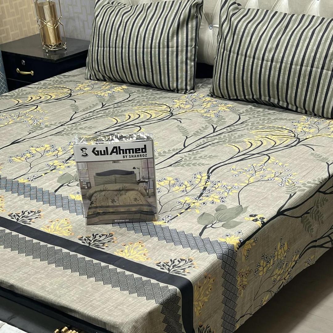 Double Bedsheet Set Green Floral Cotton Mix 3 Pcs