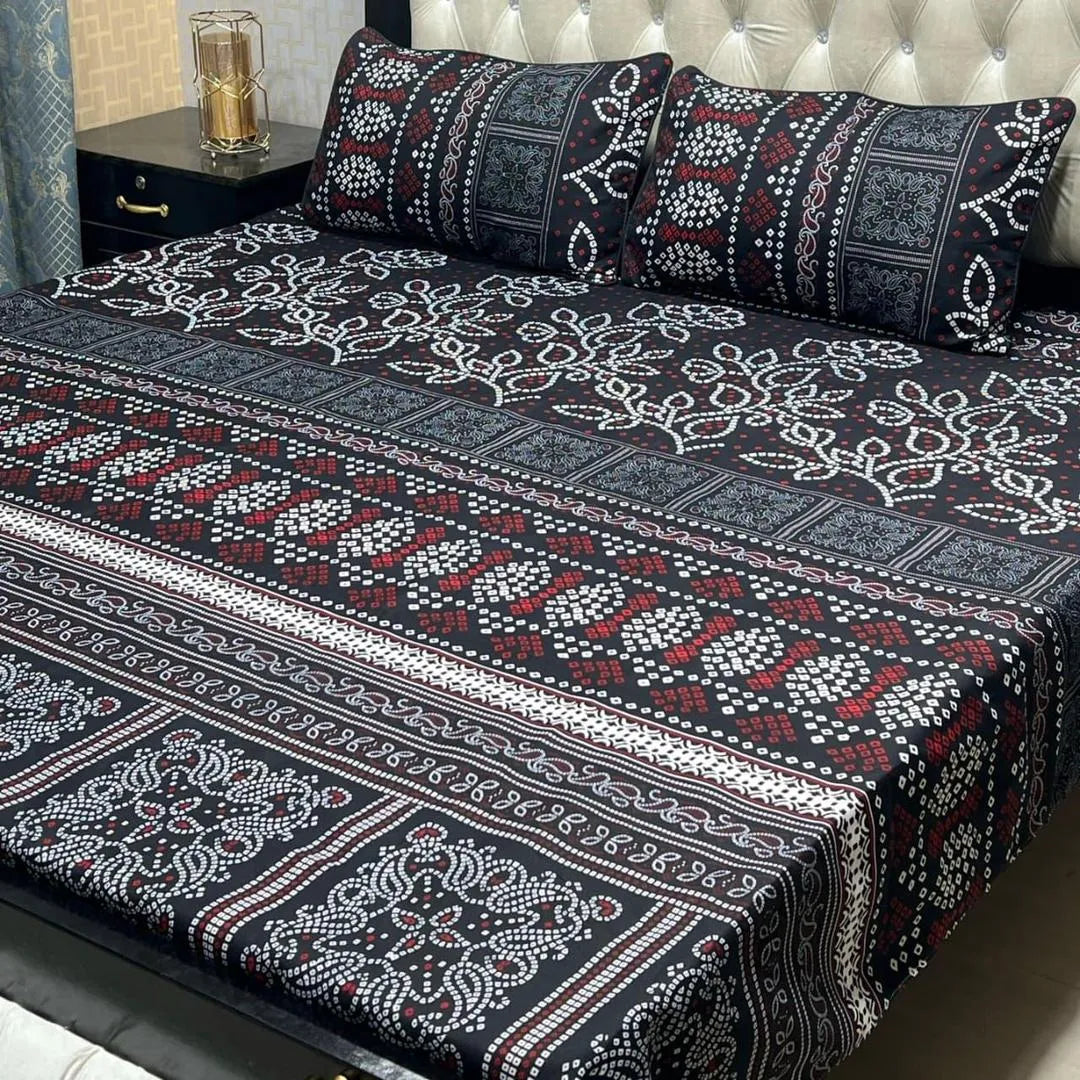 Crystal Cotton Printed Double Bedsheet Set Black Red White