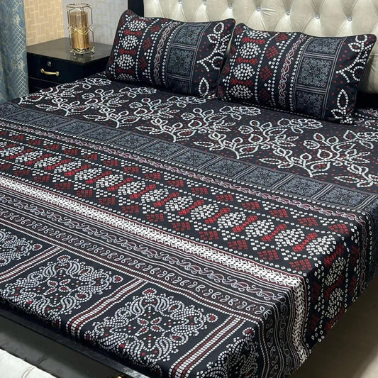 Crystal Cotton Printed Double Bedsheet Set Black Red White